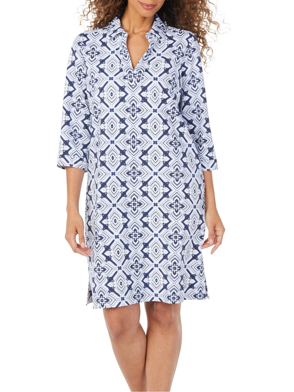 Foxcroft Angel Geometric Floral Print Mini Dress, Navy Blue & White Medium